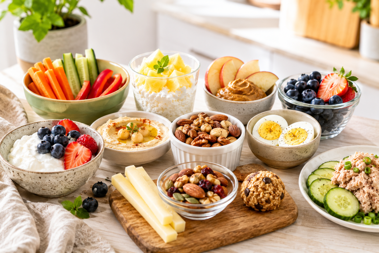 Healthy snack ideas including Greek yogurt, berries, vegetables with hummus, boiled eggs, nuts, and apples on a bright kitchen table.