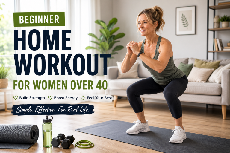 Woman over 40 doing a beginner home workout in a bright living room using a fitness mat.