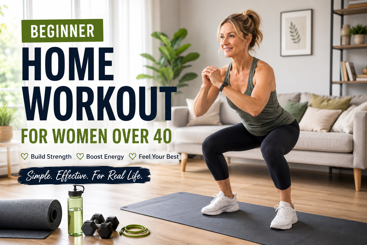 Woman over 40 doing a beginner home workout in a bright living room using a fitness mat.