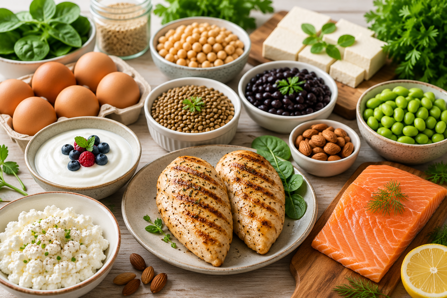 Selection of healthy protein-rich foods including chicken breast, salmon, eggs, Greek yogurt, cottage cheese, lentils, beans, and nuts arranged on a wooden table.