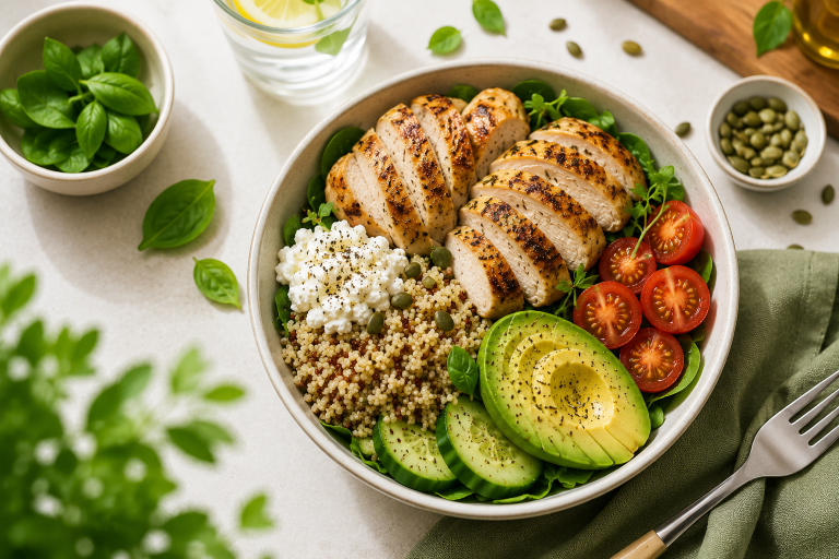 Healthy high protein lunch ideas for weight loss after 40 with grilled chicken, quinoa, avocado and fresh vegetables.
