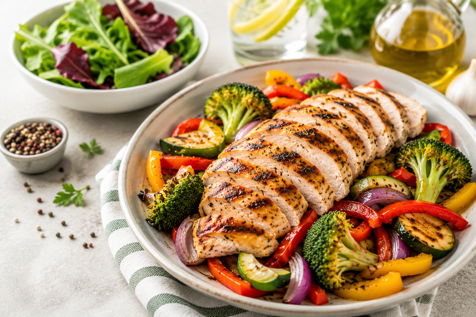10 high protein dinner ideas for weight loss after 40 featuring healthy grilled chicken and roasted vegetables.