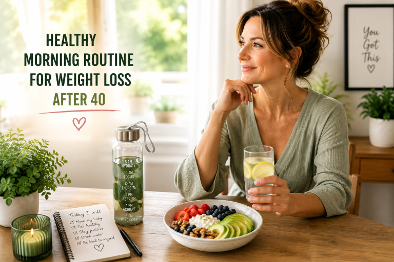 Healthy morning routine for women over 40 including water, protein breakfast, and healthy habits for sustainable weight loss.