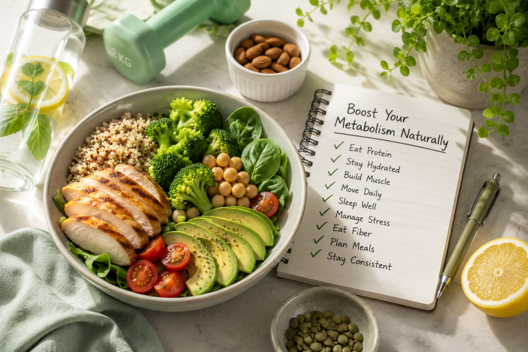 Natural ways to boost your metabolism after 40 with healthy protein-rich foods, hydration, meal planning, and daily healthy habits for sustainable weight loss.