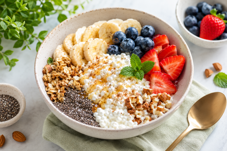 Healthy cottage cheese breakfast bowl topped with fresh berries, banana slices, granola, chia seeds, and nuts on a bright kitchen table, representing a high-protein breakfast for healthy eating.