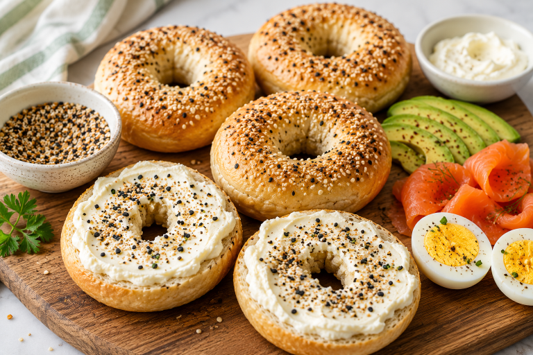 Healthy high protein bagels served on a wooden board with cream cheese, avocado, smoked salmon, and everything bagel seasoning for a healthy breakfast.