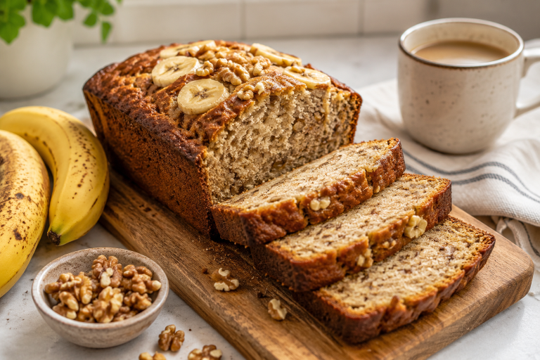 Healthy high protein banana bread sliced on a wooden board with ripe bananas, walnuts, and a cup of coffee, perfect for breakfast, meal prep, or a healthy snack.