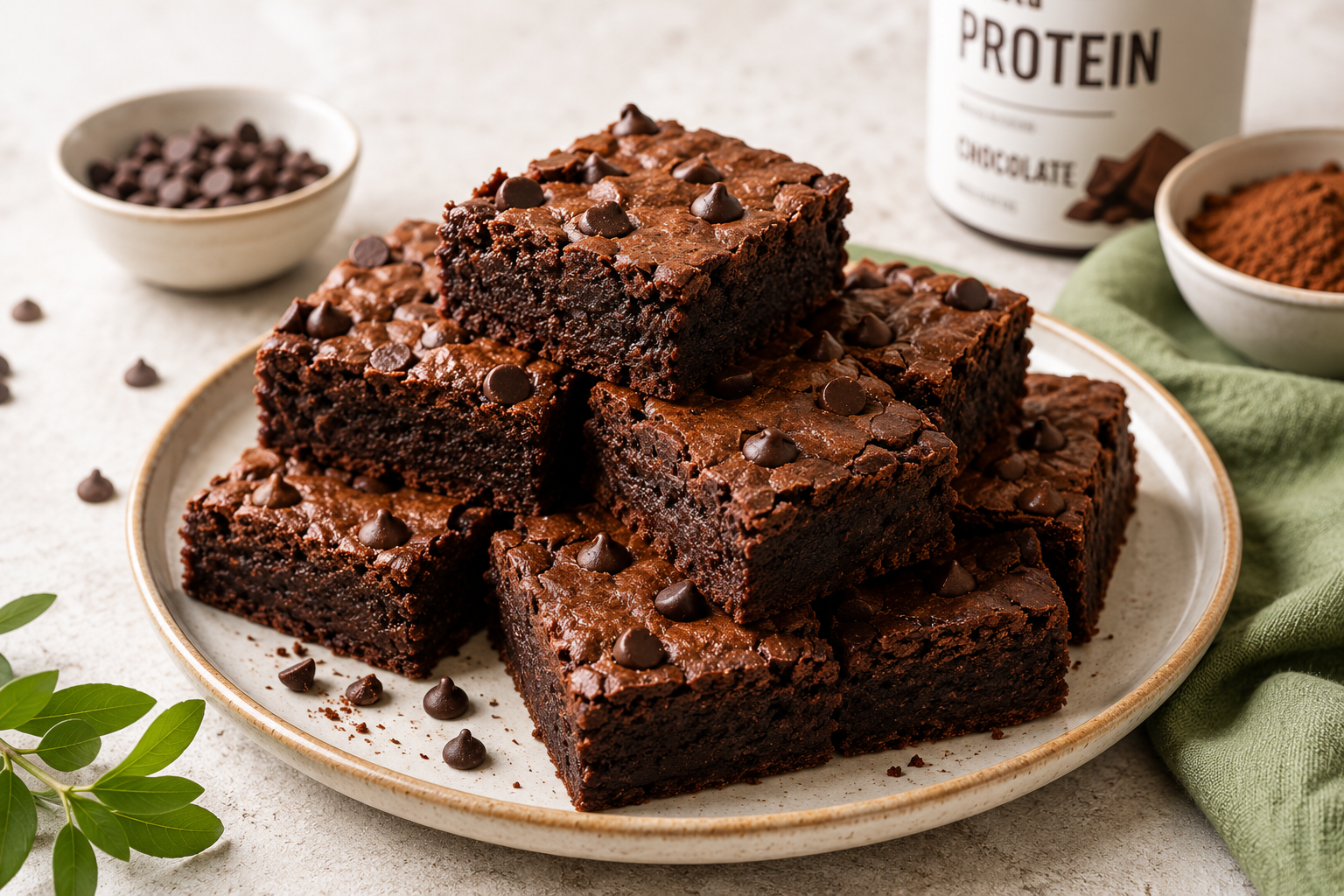 Healthy high protein brownies made with chocolate protein powder, cocoa, and sugar-free chocolate chips, stacked on a ceramic plate for a rich and fudgy healthy dessert.