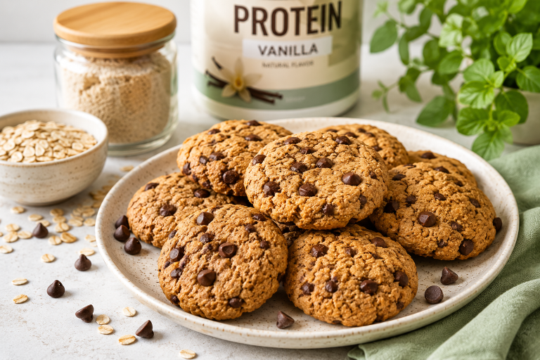Healthy high protein cookies on a plate made with oats, protein powder, and chocolate chips.