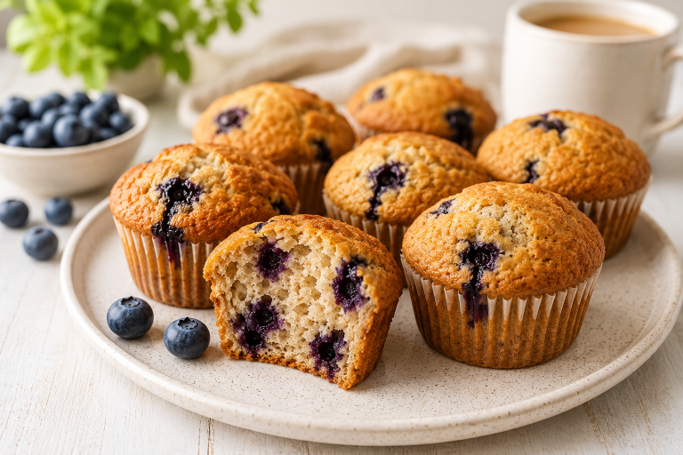 Healthy high protein blueberry muffins served on a ceramic plate, with one muffin cut open to show its soft, fluffy texture. Perfect for a healthy breakfast, meal prep, or high-protein snack.