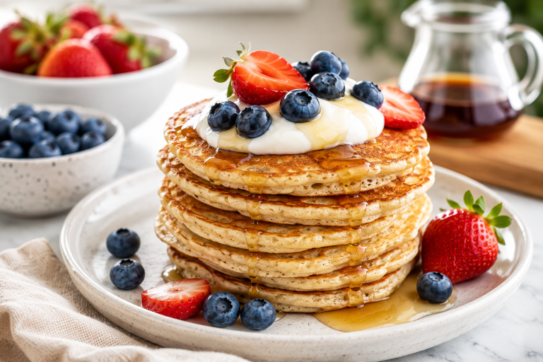 Stack of fluffy healthy high protein pancakes topped with fresh berries and Greek yogurt on a white plate.