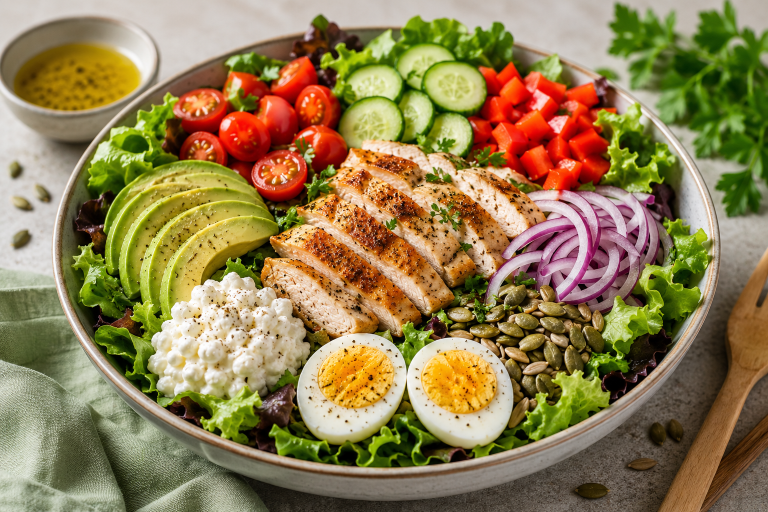 Healthy high protein salad with grilled chicken, fresh vegetables, avocado, cottage cheese, eggs and pumpkin seeds served in a large bowl for weight loss.