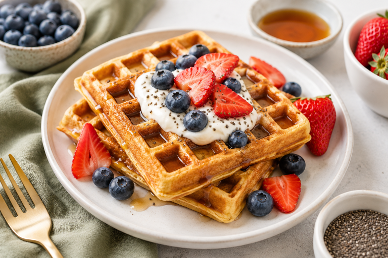 Healthy high protein waffles topped with fresh berries and Greek yogurt on a white plate, perfect for a healthy weight loss breakfast.