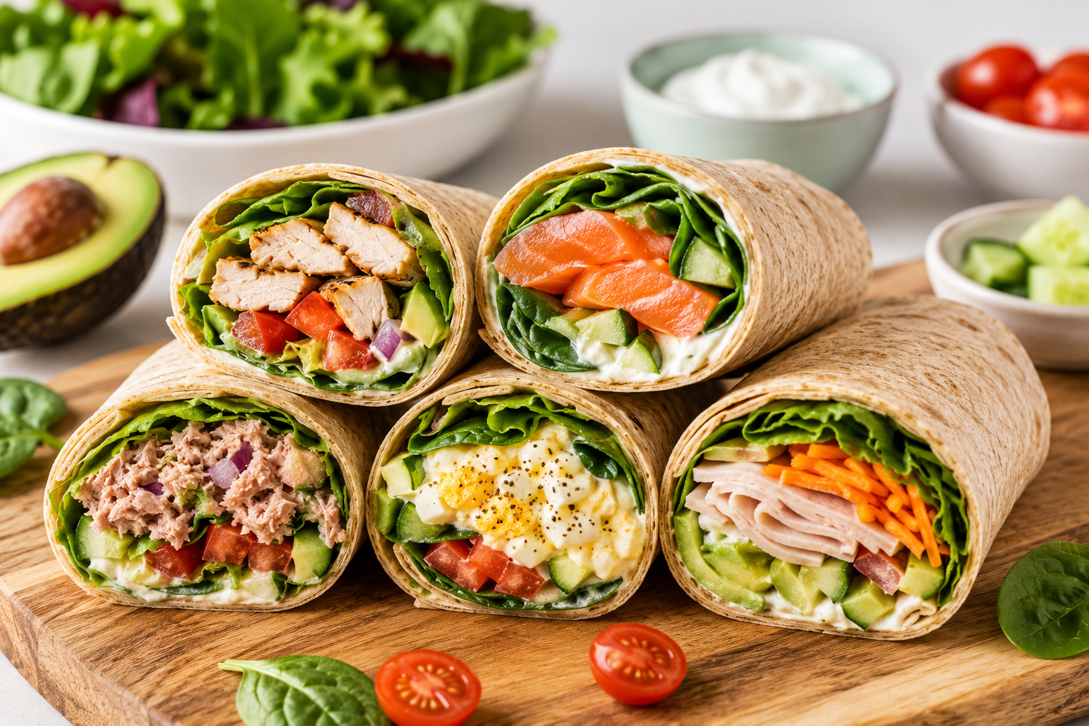 Fresh high protein wraps filled with grilled chicken, turkey, salmon, vegetables, avocado, spinach, and healthy ingredients served on a bright wooden table with colorful side dishes.