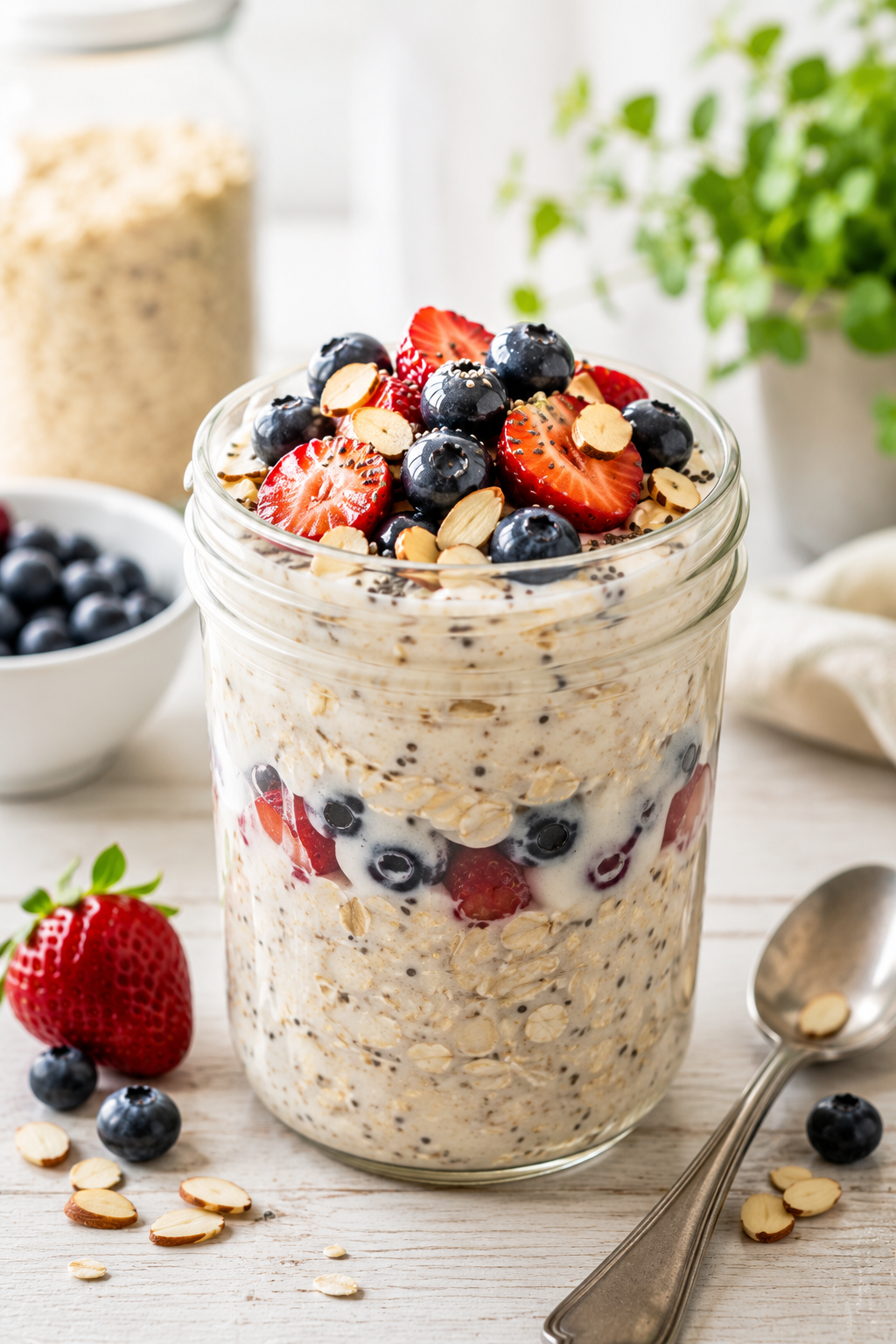 Healthy high protein overnight oats in a glass jar topped with fresh berries, chia seeds, and sliced almonds on a bright wooden table.
