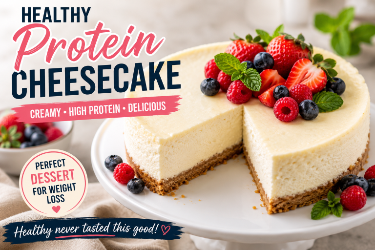 Creamy healthy protein cheesecake topped with fresh strawberries, blueberries, and mint on a white cake stand in a bright modern kitchen.