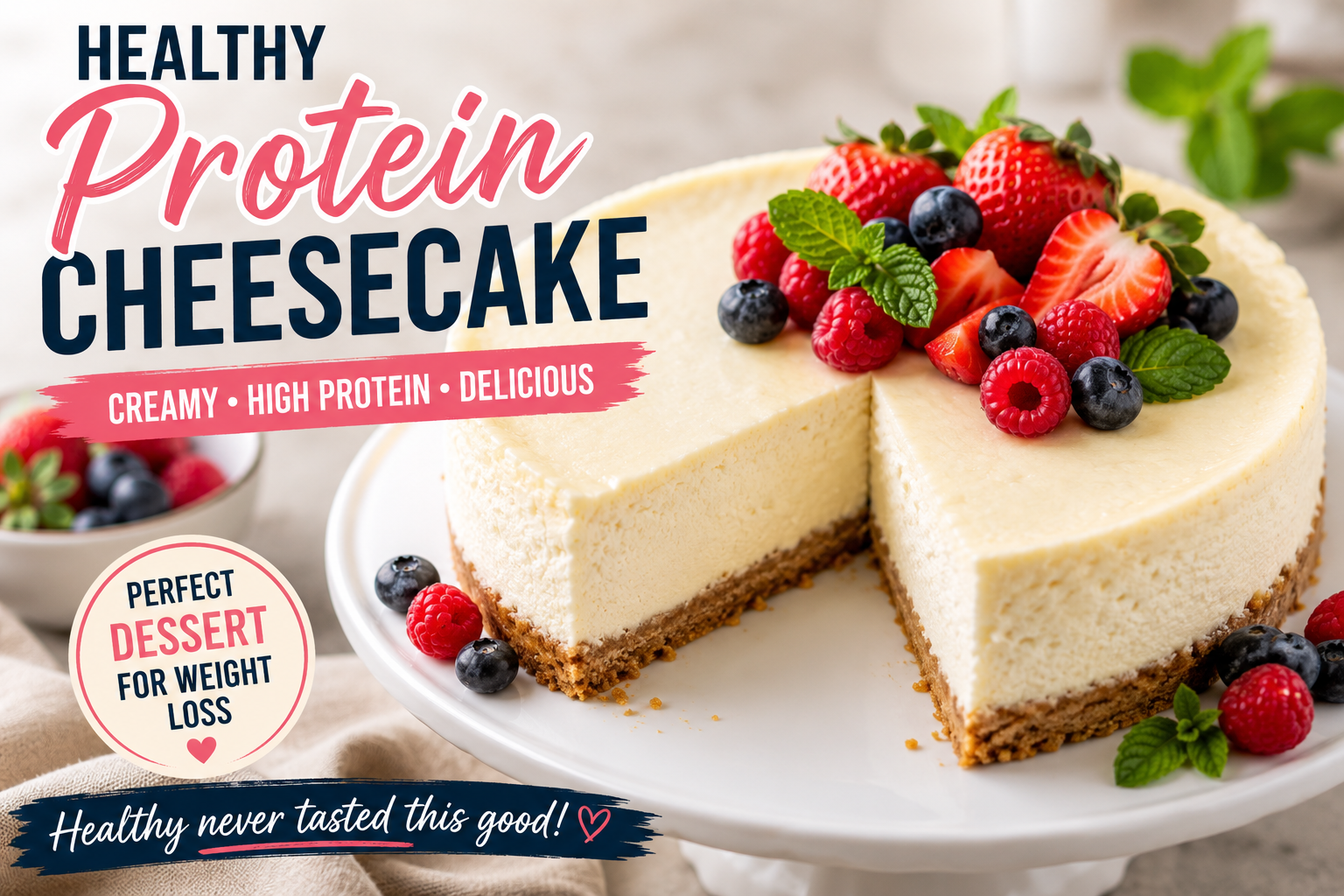 Creamy healthy protein cheesecake topped with fresh strawberries, blueberries, and mint on a white cake stand in a bright modern kitchen.