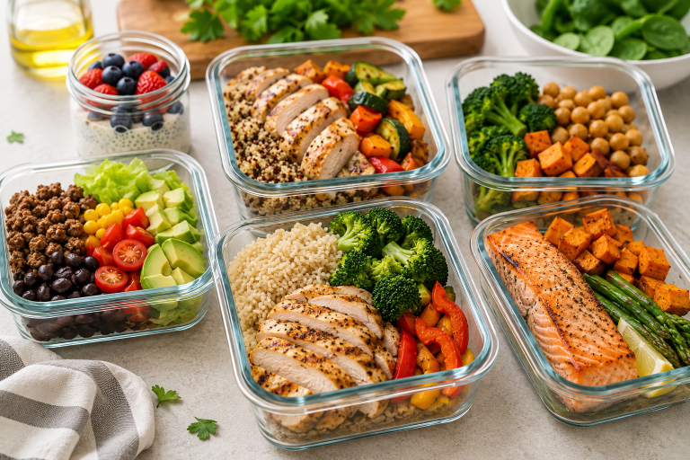 Several colorful high-protein meal prep containers filled with grilled chicken, brown rice, broccoli, sweet potatoes, salmon, fresh vegetables, and healthy ingredients on a bright kitchen countertop.