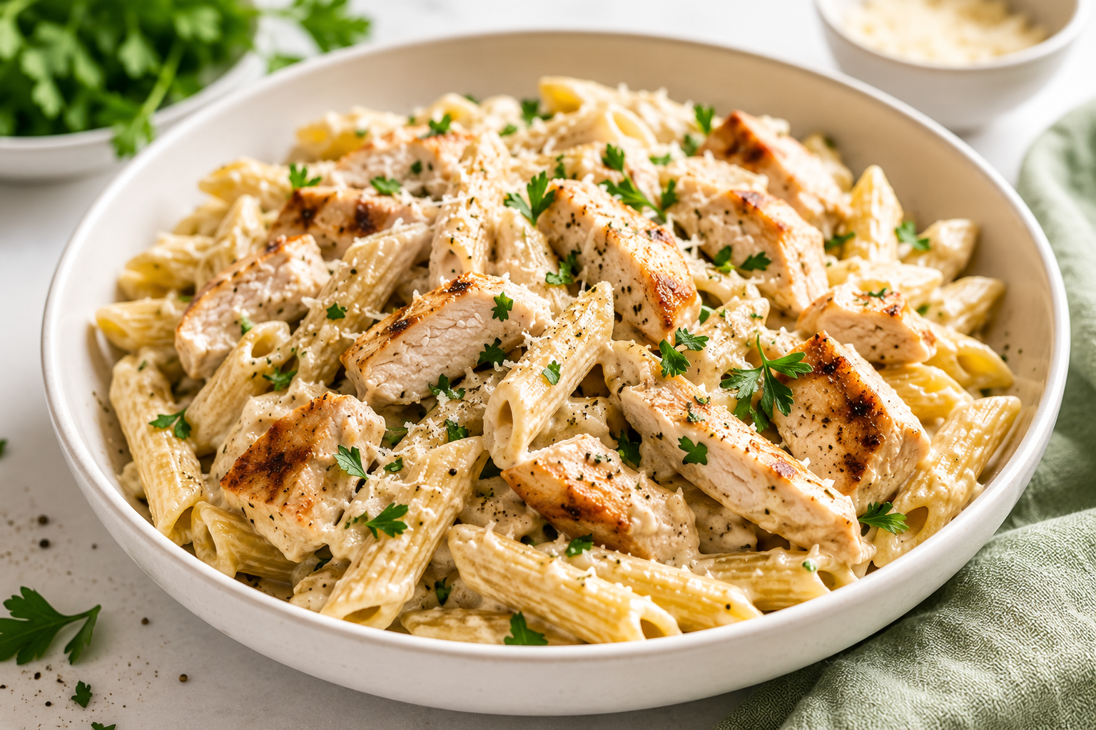 Creamy high protein pasta with grilled chicken, Parmesan cheese, and fresh parsley served in a white bowl for a healthy weight loss dinner.