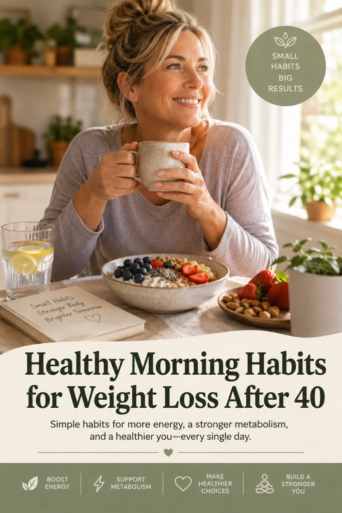 Healthy morning habits for weight loss with a healthy breakfast, water, and a woman over 40 starting her day with nutritious food.