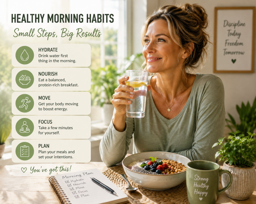 Healthy morning habits for weight loss checklist showing hydration, healthy breakfast, movement, mindfulness, and meal planning for women over 40.