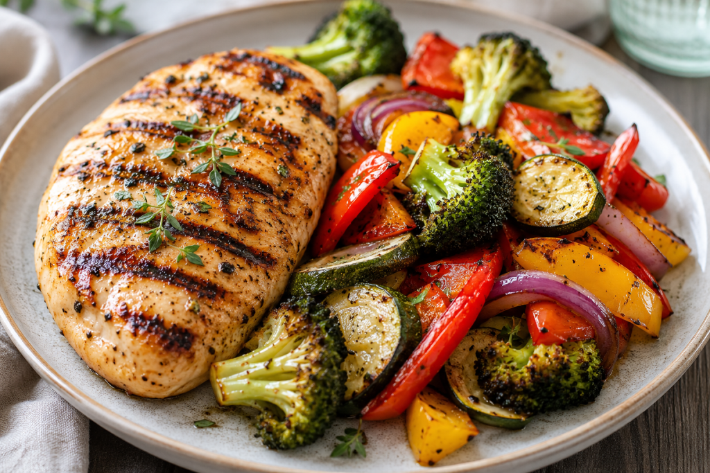 Healthy grilled chicken with roasted broccoli, carrots and bell peppers served as a high protein dinner for weight loss after 40.