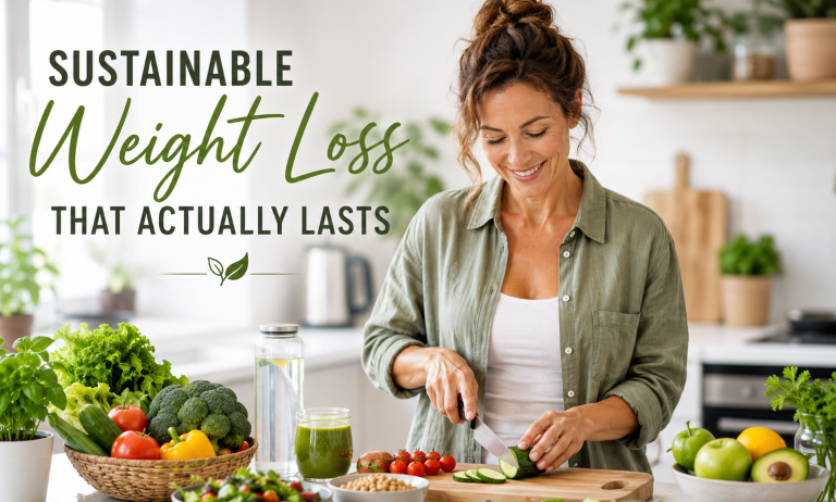 Healthy woman preparing colorful, balanced meals with fresh vegetables, lean protein, whole grains, and fruit in a bright modern kitchen, representing sustainable weight loss and healthy habits.