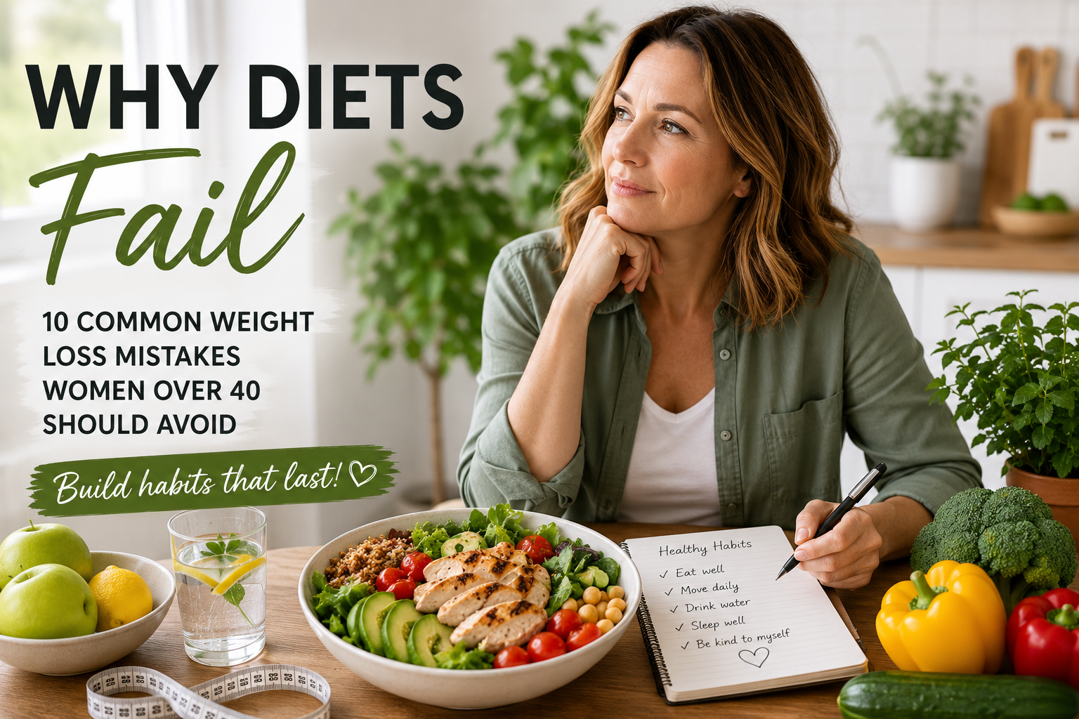 Woman over 40 preparing a healthy meal with fresh vegetables, lean protein, and a notebook, representing sustainable weight loss and healthy habits instead of restrictive dieting.