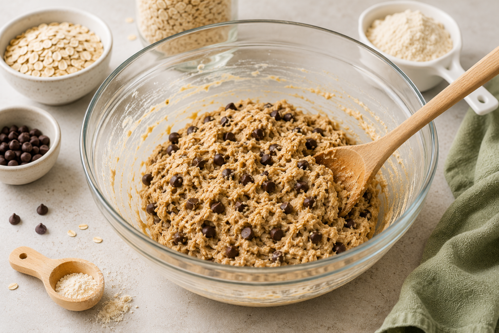 Healthy high protein cookie dough being mixed in a glass bowl with oats, protein powder, and chocolate chips, surrounded by wholesome baking ingredients on a bright kitchen countertop.