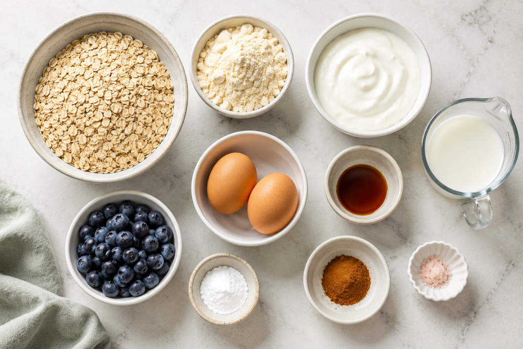 Ingredients for healthy high protein pancakes including oats, protein powder, eggs, Greek yogurt, milk, cinnamon, and vanilla.
