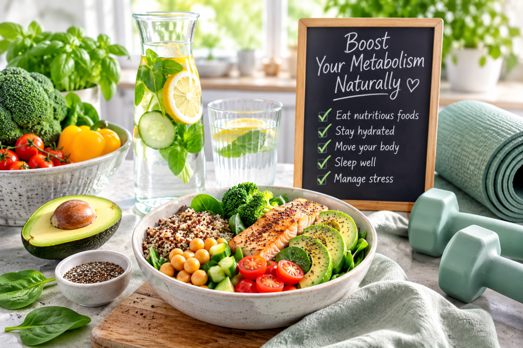 Natural ways to boost your metabolism with healthy protein-rich foods, hydration, and balanced nutrition for women over 40.