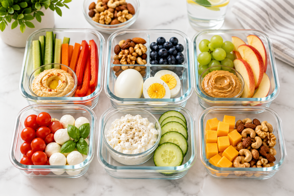 Healthy meal prep snack boxes filled with vegetables, berries, nuts, cheese, and boiled eggs. 25 Healthy Snacks for Weight Loss