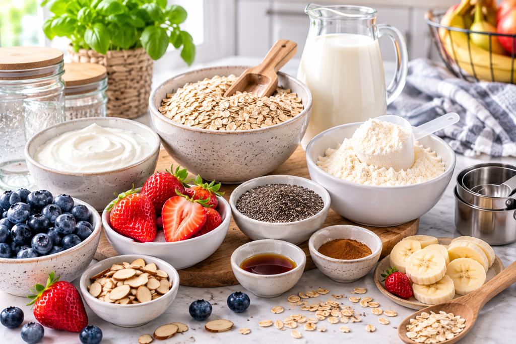 Ingredients for healthy overnight oats including oats, Greek yogurt, protein powder, chia seeds, milk, cinnamon, vanilla, and fresh berries.