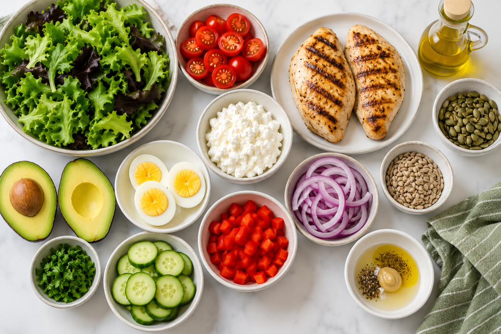 Fresh ingredients for a healthy high protein salad including grilled chicken, lettuce, tomatoes, cucumber, avocado, cottage cheese, eggs and pumpkin seeds.
