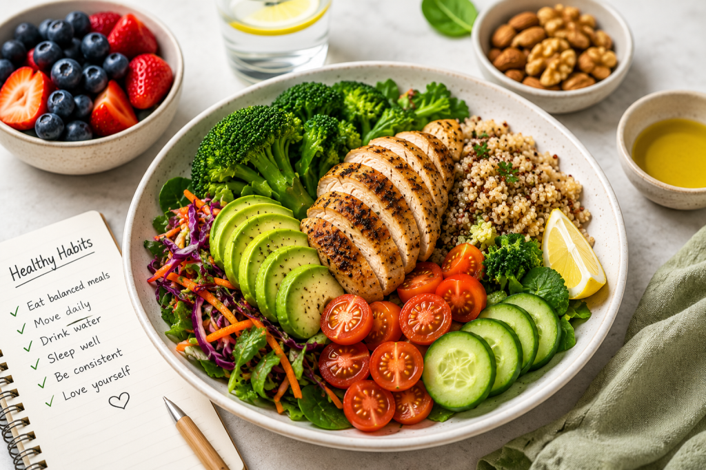 Healthy balanced meal with lean protein, vegetables, whole grains, and fresh fruit illustrating a sustainable approach to weight loss instead of restrictive dieting.