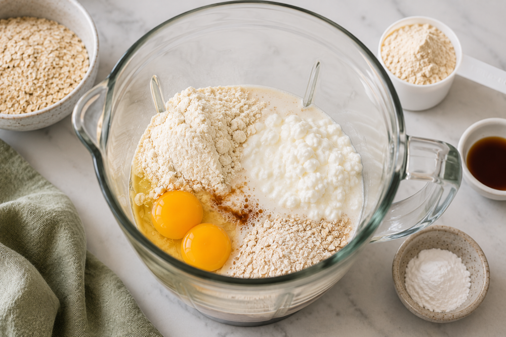 Mixing healthy waffle batter with protein powder, cottage cheese, eggs, and oat flour before cooking.
