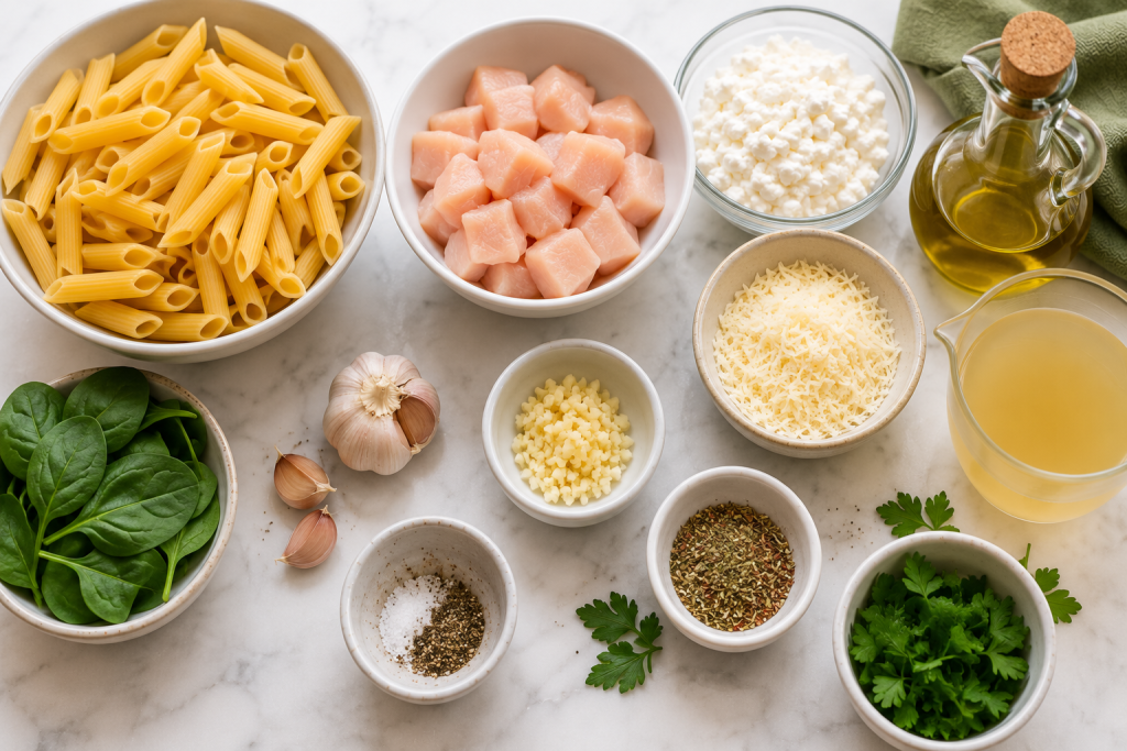 Ingredients for high protein pasta including chicken, cottage cheese, garlic, Parmesan, and protein pasta arranged on a kitchen counter.