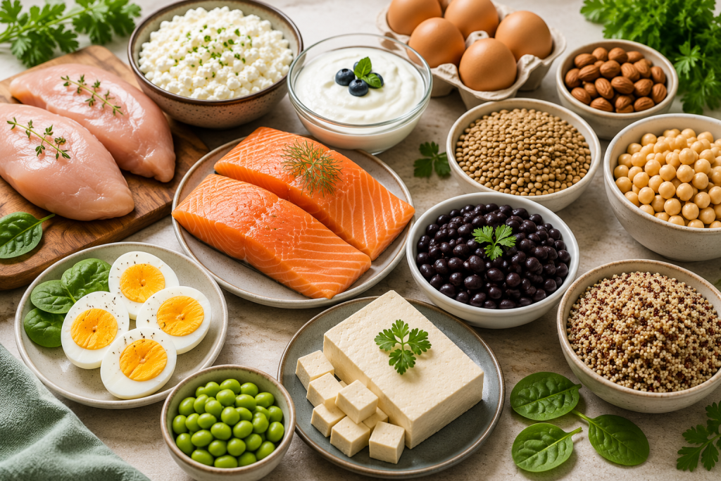 Healthy animal and plant-based protein foods including chicken, eggs, salmon, Greek yogurt, beans, lentils, and tofu displayed on a kitchen counter.
