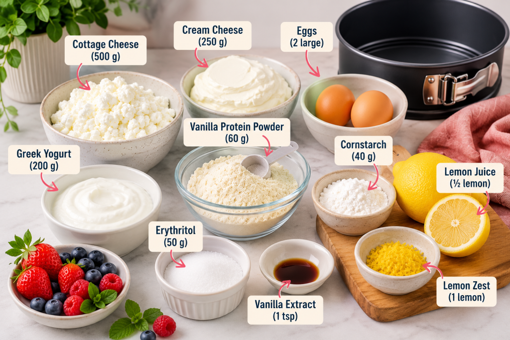 Ingredients for a healthy protein cheesecake including cottage cheese, Greek yogurt, protein powder, eggs, cream cheese, lemon, and berries arranged on a kitchen counter.