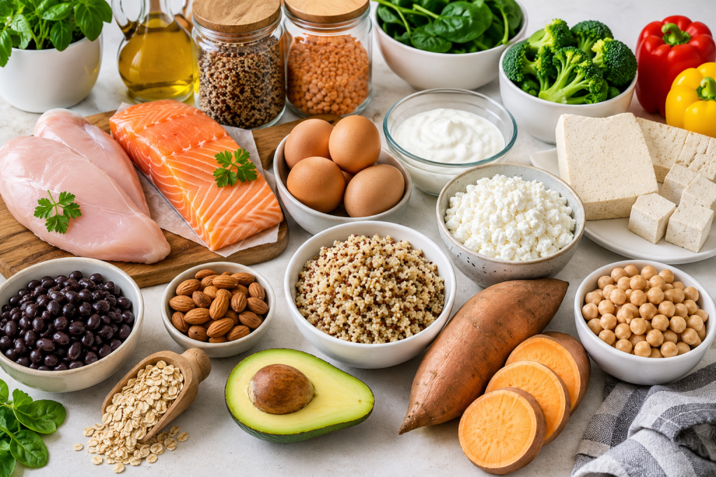 Fresh meal prep ingredients including chicken breast, salmon, eggs, Greek yogurt, vegetables, rice, quinoa, and sweet potatoes arranged neatly on a kitchen counter.