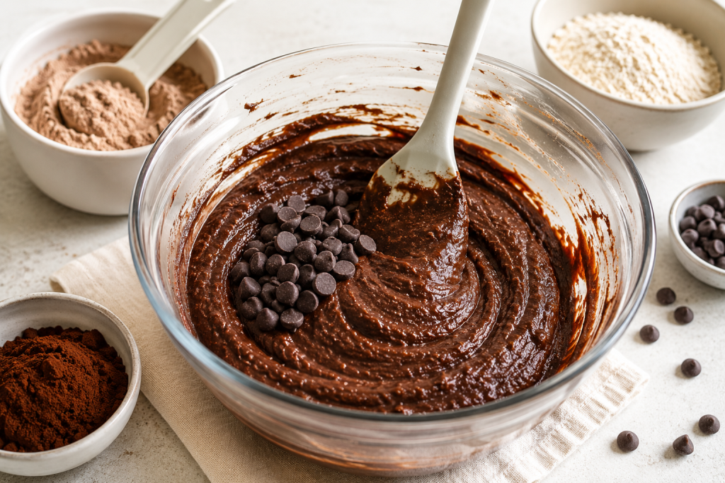 Healthy high protein brownie batter being mixed in a glass bowl with cocoa powder, chocolate protein powder, and sugar-free chocolate chips before baking.
