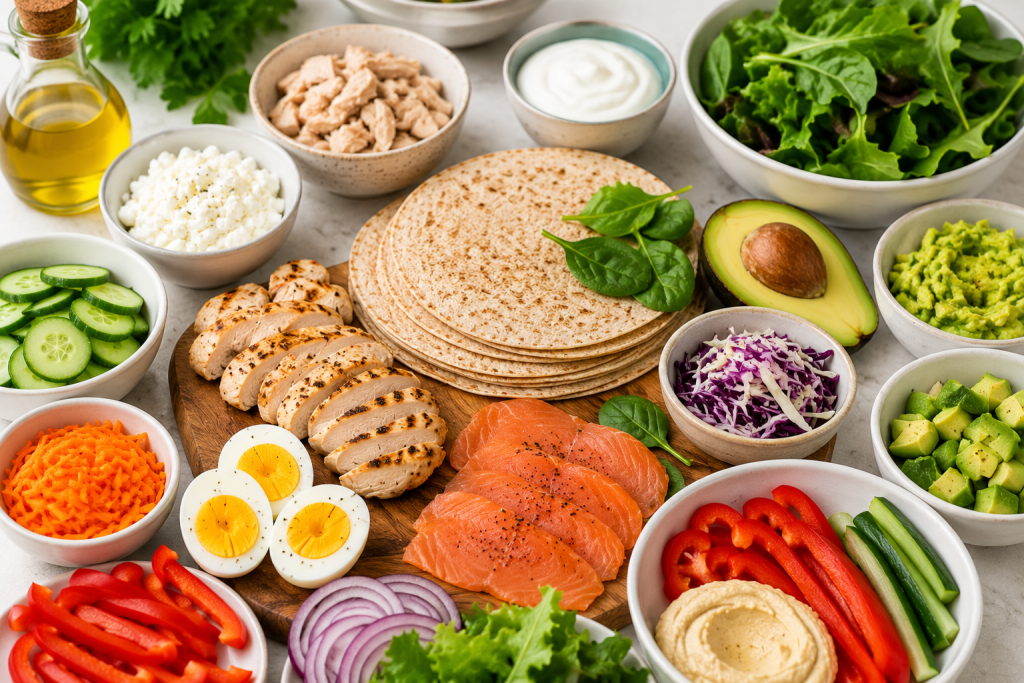 Healthy wrap ingredients including grilled chicken, smoked salmon, eggs, whole wheat tortillas, fresh vegetables, Greek yogurt, avocado, and herbs arranged on a bright kitchen counter.