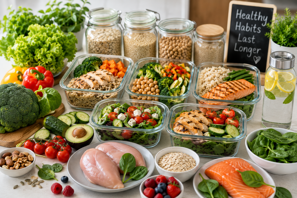 Healthy foods including vegetables, fruit, lean protein, whole grains, water, and meal prep containers arranged on a bright kitchen countertop to illustrate sustainable weight loss habits.