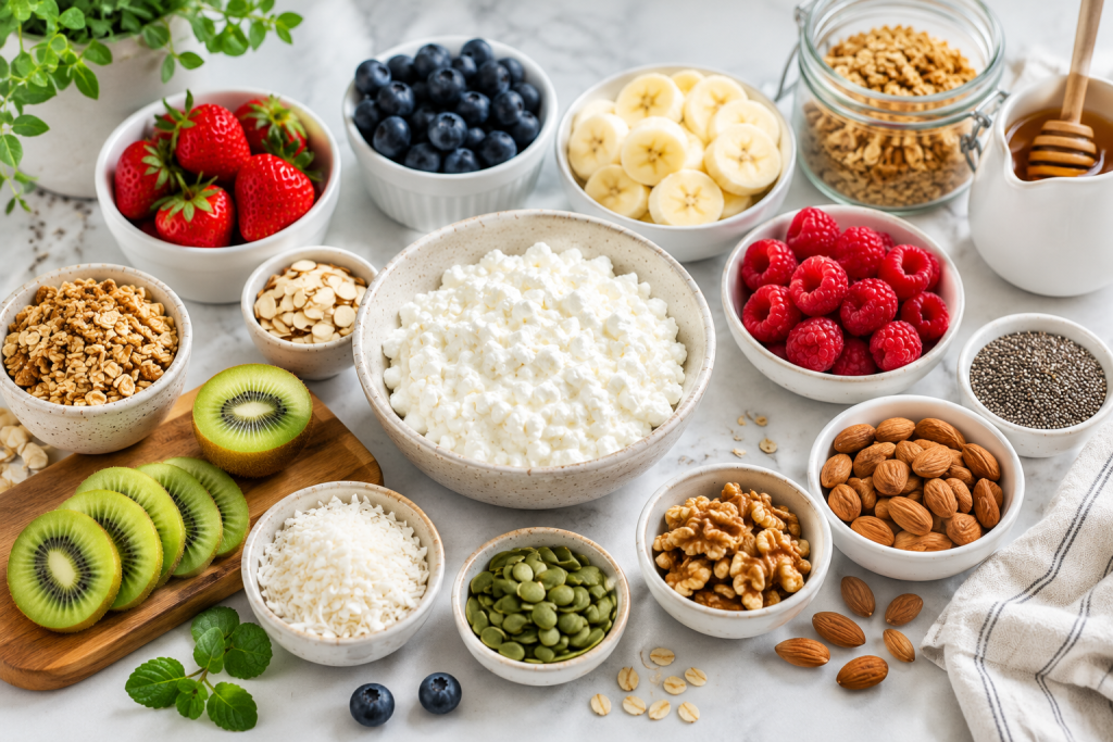 Colorful selection of cottage cheese breakfast bowl ingredients including berries, bananas, kiwi, granola, nuts, seeds, honey, and cottage cheese arranged on a bright kitchen counter.