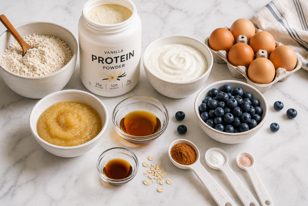 Ingredients for healthy high protein muffins including oat flour, vanilla protein powder, Greek yogurt, eggs, applesauce, vanilla extract, baking powder, cinnamon, and fresh blueberries arranged on a light kitchen countertop.
