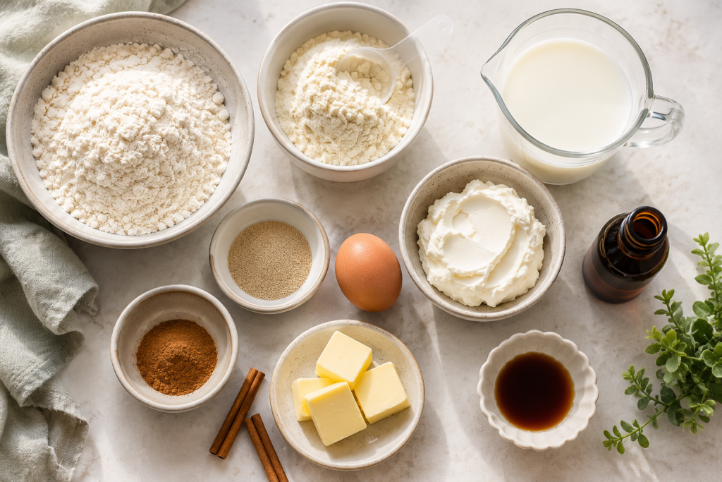Ingredients for healthy high protein cinnamon rolls including flour, vanilla protein powder, yeast, milk, egg, butter, cinnamon, cream cheese, and vanilla extract arranged on a light kitchen countertop.