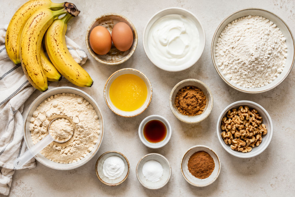 Ingredients for healthy high protein banana bread including ripe bananas, eggs, Greek yogurt, vanilla protein powder, flour, butter, cinnamon, walnuts, baking powder, and vanilla extract arranged on a light kitchen countertop.