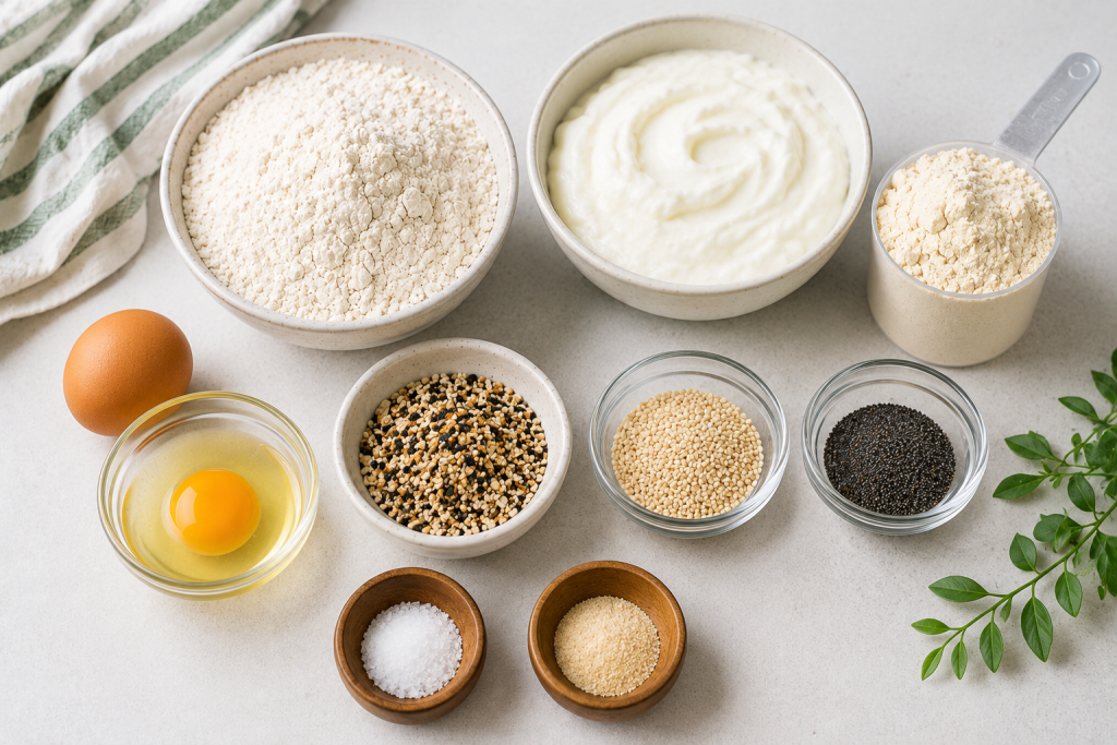 Ingredients for healthy high protein bagels including Greek yogurt, protein powder, flour, egg, everything bagel seasoning, sesame seeds, and poppy seeds arranged on a light kitchen countertop.