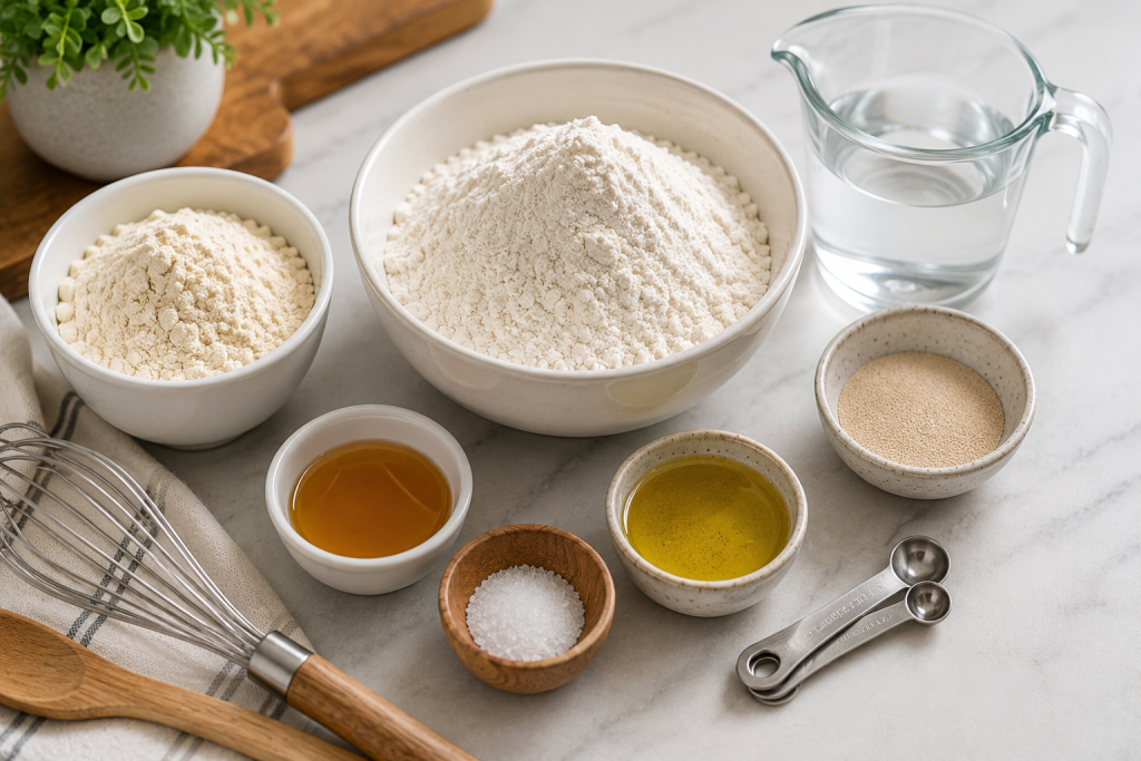 Ingredients for healthy high protein bread including bread flour, protein powder, yeast, honey, olive oil, salt, and warm water arranged on a clean kitchen countertop.