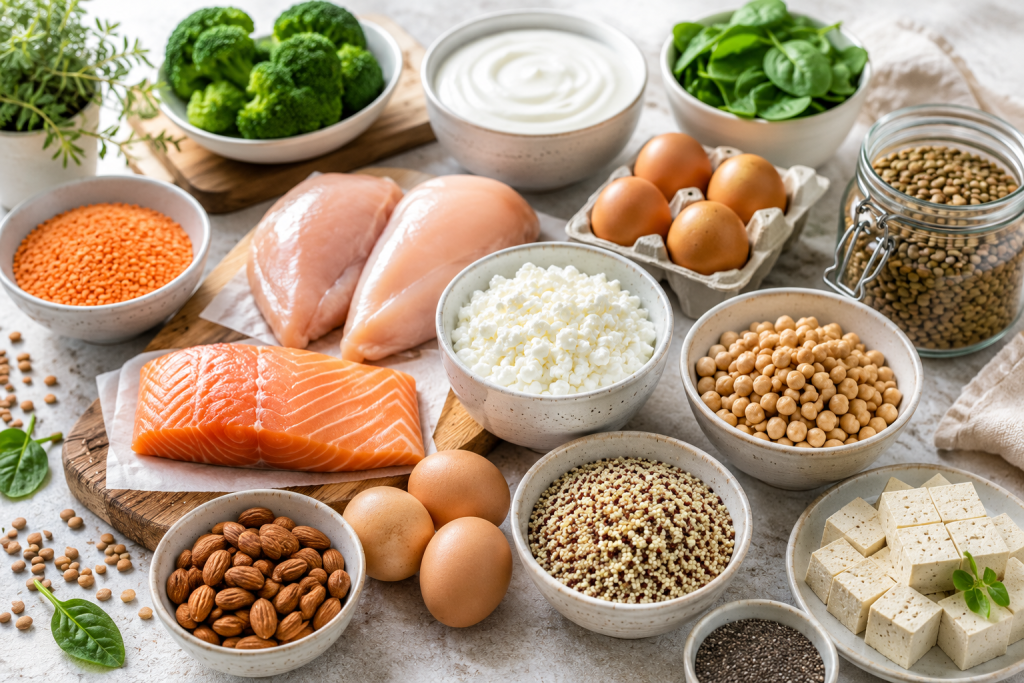Healthy high-protein foods including chicken, salmon, eggs, Greek yogurt, cottage cheese, lentils, tofu, quinoa, and chia seeds.